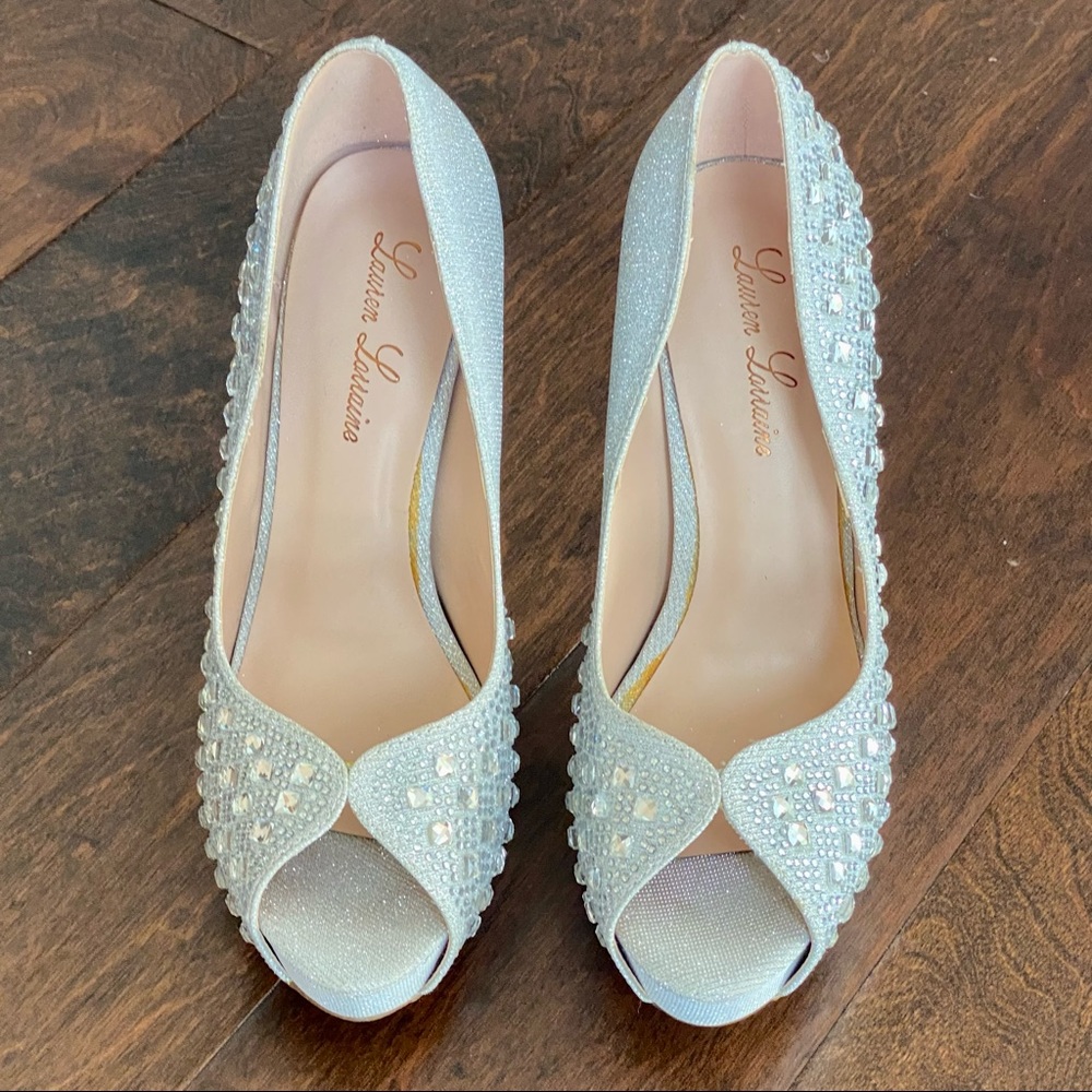 Lauren Lorraine Silver Rhinestone Peep Toe Heels